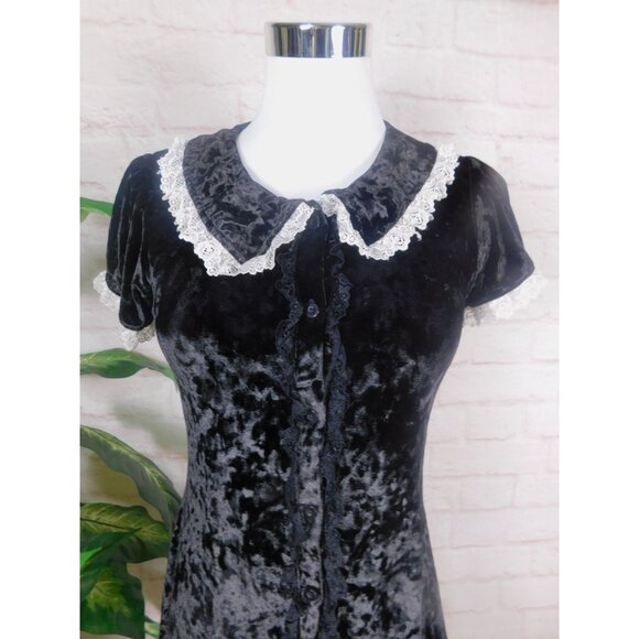 Dolls Kill Grave Girls Black Velvet Wednesday Dress S - Lace Goth - Excellent - Picture 3 of 13